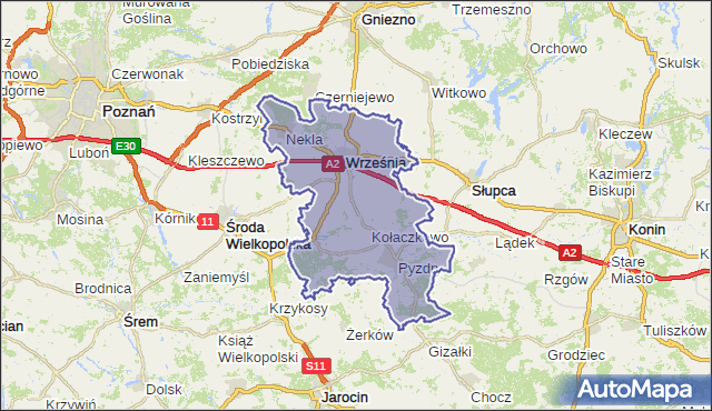 Powiat wrzesiński, województwo wielkopolskie na mapie Targeo