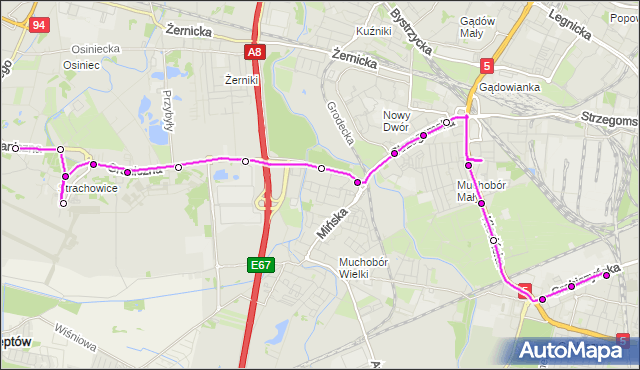 Autobus 406 - trasa PORT LOTNICZY - Zajezdnia Grabiszyńska. MPKWroclaw na mapie Targeo