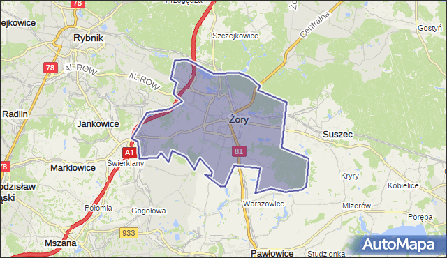 gmina Żory - powiat Żory na mapie Targeo
